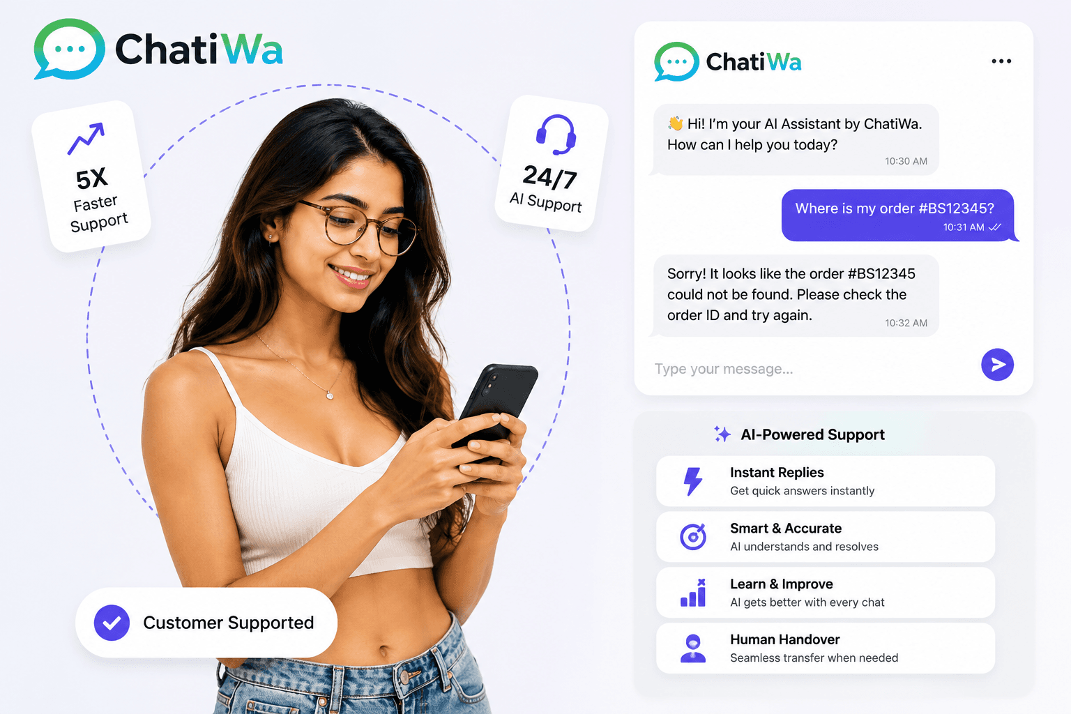 ChatiWa agentic AI assistant resolving a customer request with instant replies and human handover