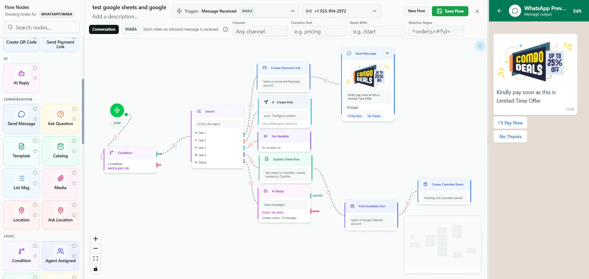 ChatiWa visual automation connecting Razorpay, X, Google Sheets, AI replies, and Google Calendar