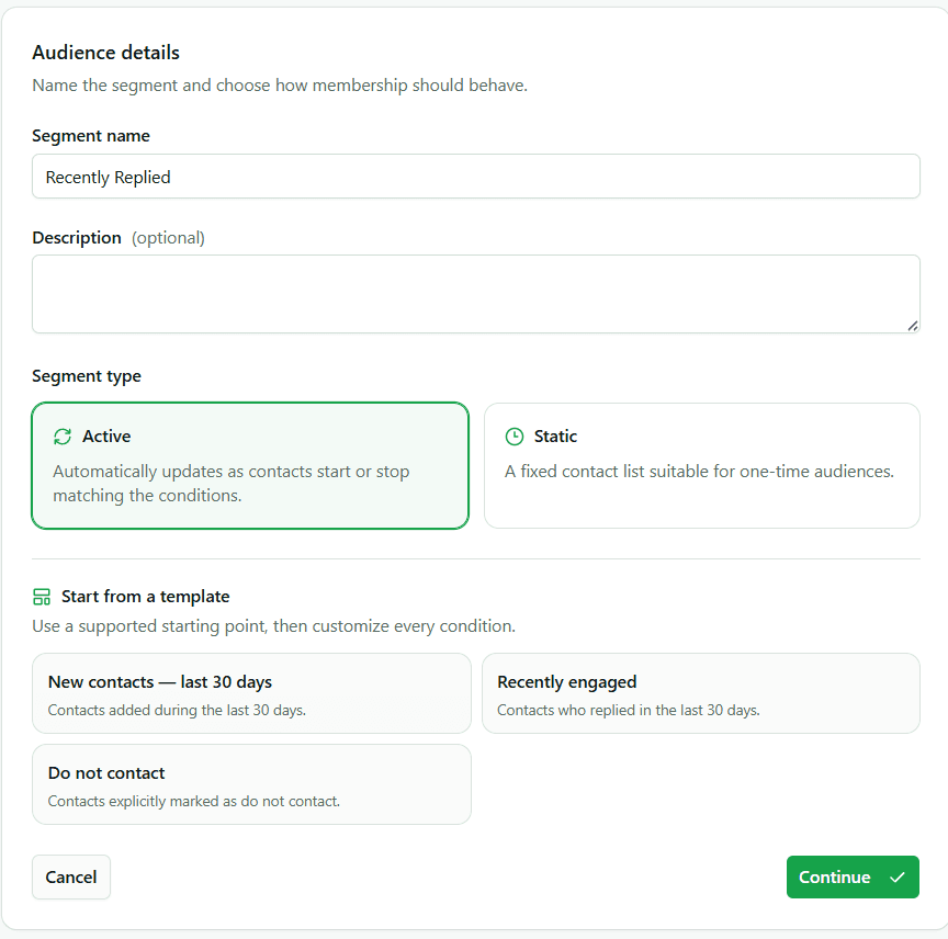 ChatiWa active and static segment audience setup with reusable templates