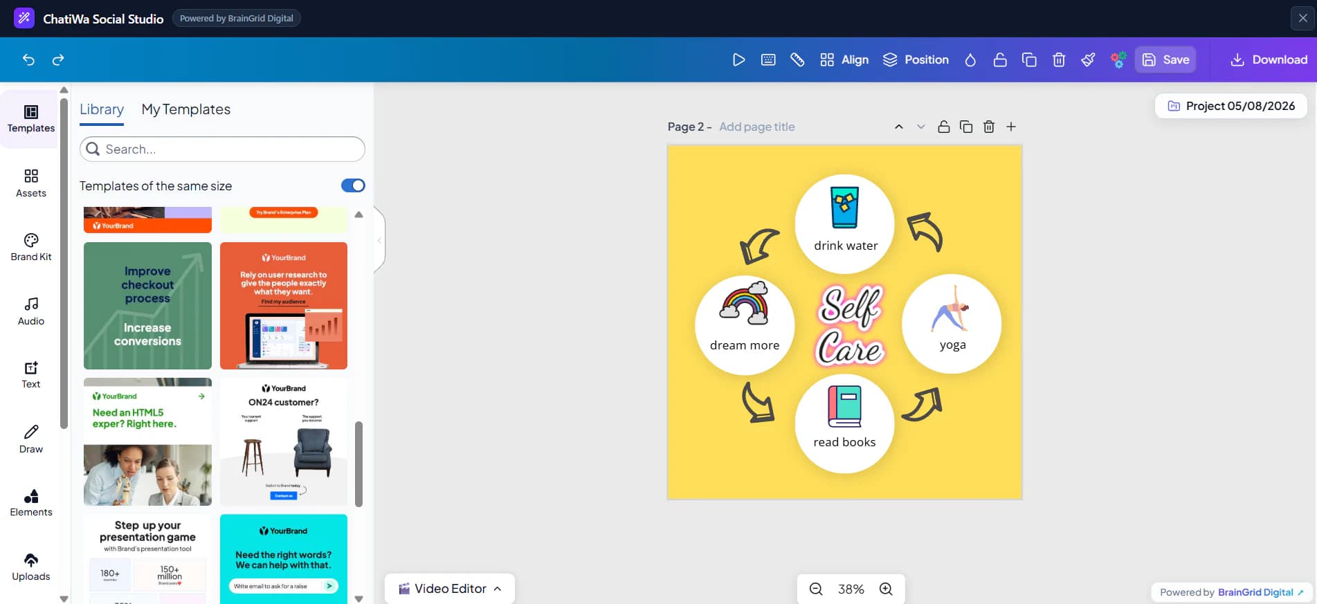 ChatiWa Social Studio with templates, brand tools, design canvas, and publishing controls