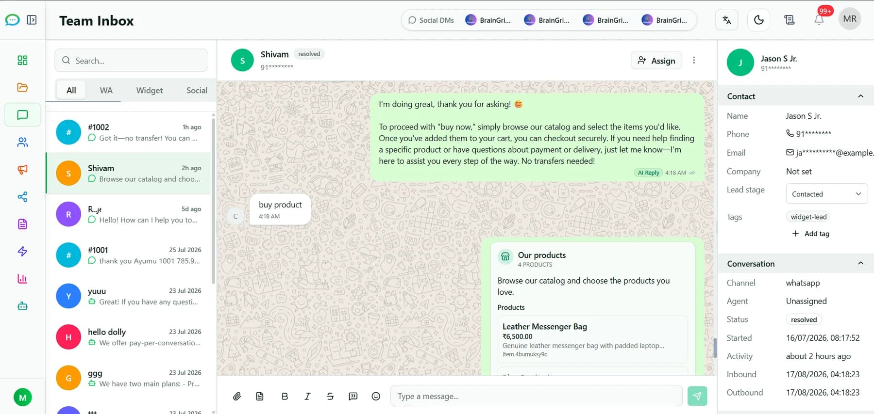 ChatiWa Team Inbox with conversation, assignment, and customer context